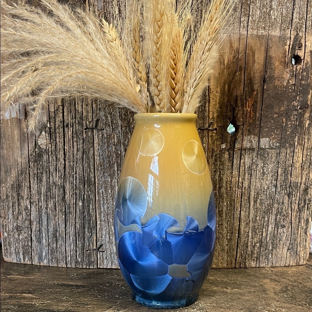 Stunning Foil | Blue/Gold/Mustard | Japanese | Crystalline Glaze | Floral | Vase